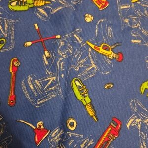 Vintage Blue Fabric with Colorful Tool Race Car Print